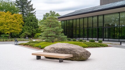 Obraz premium A modern courtyard features large stones, lush greenery, a striking oversized tree, and soft lantern lighting, evoking a peaceful ambiance and connection to nature.