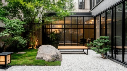 Fototapeta premium A modern courtyard features large stones, lush greenery, a striking oversized tree, and soft lantern lighting, evoking a peaceful ambiance and connection to nature.