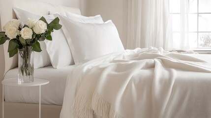 Luxurious bedroom with fresh white roses on bedside table. Elegant home decor with soft bedding and natural light. Interior design and relaxation concept.