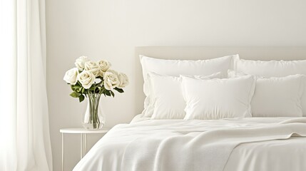 Luxurious bedroom with fresh white roses on bedside table. Elegant home decor with soft bedding and natural light. Interior design and relaxation concept.