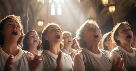 elderly women practicing choir singing in a historic church, their voices harmoniously blending