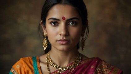 Portrait of a young woman in a colorful traditional Indian sari.