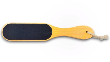 Top view of a wooden pedicure grater, isolated on white background.
