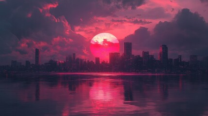 Fototapeta premium A large, red sun sets behind a cityscape, casting a crimson glow on the water.