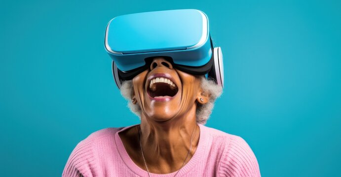 a senior woman lost in a vibrant virtual reality experience