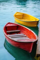 Obraz premium colorful wooden rowboats floating on tranquil lake