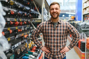 Portrait of happy mature man standing in hardware store