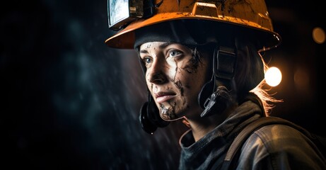 Raw female miner emerges from coal mine depths.