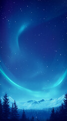 Naklejka premium Aurora Borealis Over Snowy Mountain Landscape with Pine Trees 