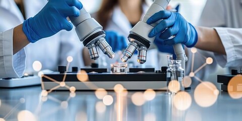 Research scientists conduct experiments in a laboratory using advanced microscopes
