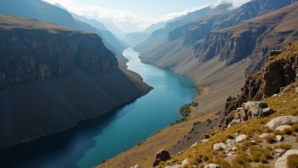 Naklejka premium Aerial view of river winding through mountain valley
