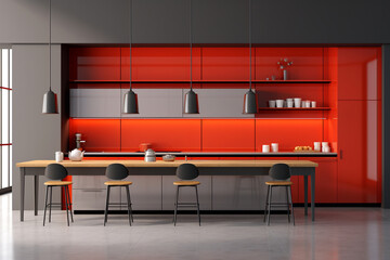 A minimalist kitchen design featuring a sleek combination of red and grey colors. The space is characterized by its clean lines and simple aesthetics, highlighting modern cabinetry, minimalist decor