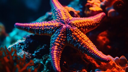 A vibrant orange and purple starfish sits on a bed of coral, bathed in blue and red light.