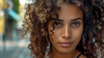 Fototapeta premium Portrait of a young woman with curly hair in the city