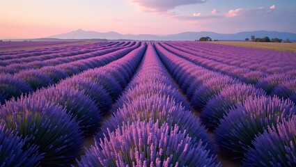 Fototapeta premium Vibrant field of lavender in full bloom rows of purple reaching the horizon