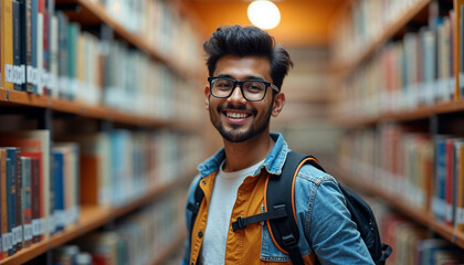 Fototapeta premium Banner of cheerful international Indian student with backpack, learning accessories standing near bookshelves at university library. Young teen man ready for new academic year. Education concept