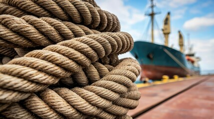Fototapeta premium A closeup of a dock with large ropes securing a ship, capturing the essence of maritime operations and the structure of a working port