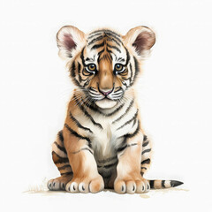 Obraz premium Cute and detailed illustration of a tiger cub sitting calmly, featuring soft fur textures and expressive eyes on a white background