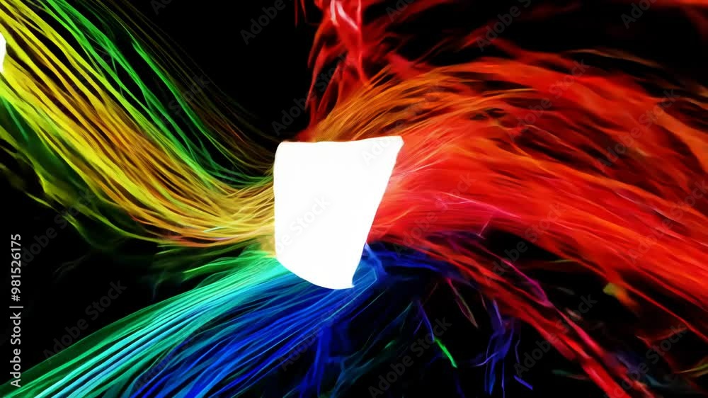 Poster Abstract dynamic 3D shapes in motion with vivid RGB rainbow colors and 90s style