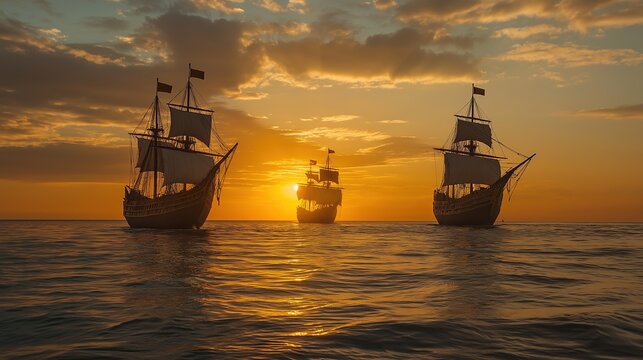 Christopher Columbus's ships, the Ni&ntilde;a, the Pinta, and the Santa Mar&iacute;a, navigating through the ocean with a sunset backdrop