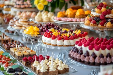 Obraz premium Vibrant Dessert Table Display with an Array of Delectable Treats at a Celebratory Event