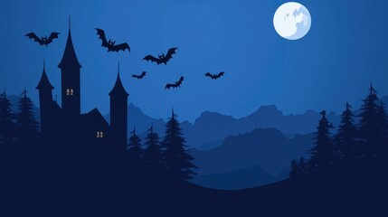 Fototapeta premium Spooky Halloween collage with a haunted castle and bats flying under a full moon