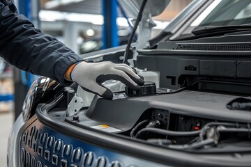 Mechanic Repairing Electric Car in Auto Workshop
