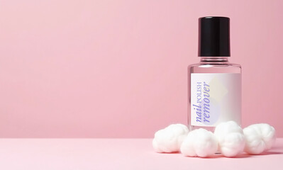 A nail polish remover bottle and some cotton on a pink background.