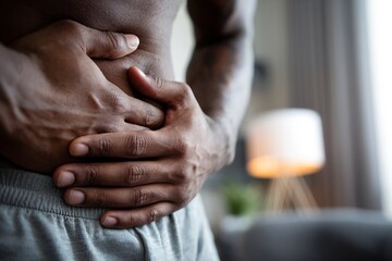 Fototapeta premium Young African American Male Suffering from Abdominal Pain and Discomfort Due to Digestive Issues.