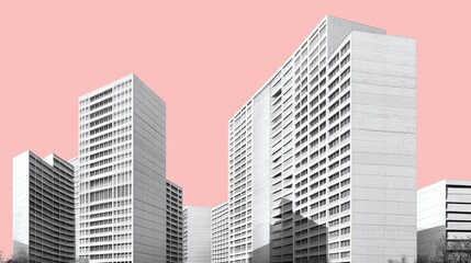 Fototapeta premium Modern urban architecture collage featuring minimalist apartment buildings against a pink backdrop
