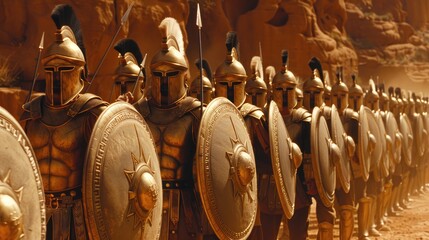 Ancient Greek armies prepare for battle in a desert landscape under a clear sky