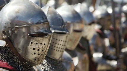 Fototapeta premium a row of individuals dressed in medieval armor, featuring helmets with visors, chainmail, and breastplates. The focus is on the first figure