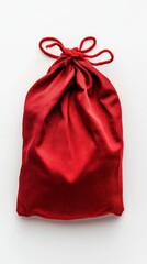 Red fabric drawstring bag on white background