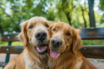 Fototapeta premium Two dogs taking a selfie and lying on a bench on blurred park background