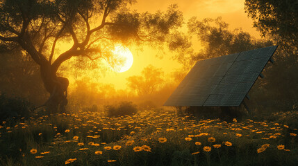 solar panel in sunset
