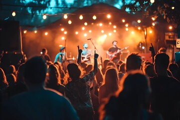 Lively Night Music Festival with Bands Performing and Crowd Dancing Under the Starry Sky