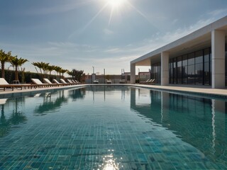 Fototapeta premium Luxury Swimming Pool with Sun Loungers Under the Bright Sunshine
