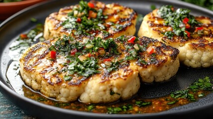 Cauliflower steaks with chimichurri sauce and butter bean puree, Cauliflower steaks served on a modern, minimalist plate.