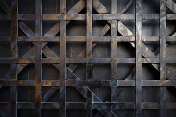 Dark wall with geometric patterns, textured with rusted metal and featuring a grid design