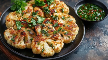 Cauliflower steaks with chimichurri sauce and butter bean puree, Cauliflower steaks served on a modern, minimalist plate.