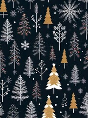 Obraz premium Dark-toned winter night scene with stylized trees and falling snowflakes, perfect for holiday or winter decor, adding a touch of seasonal charm and cold-weather coziness