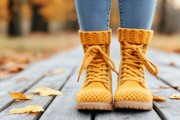 Woman in a autumn outfit with yellow boots and jeans surrounded by fallen leaves