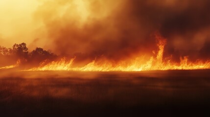 Obraz premium A field of dry grass is on fire. The fire is orange and is spreading quickly. The sky is hazy and the sun is setting
