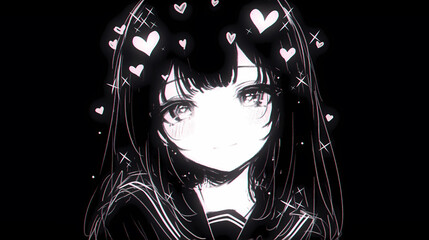 anime girl black line art love