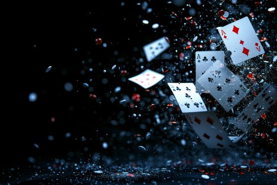 Royal flush explosion cards flying down from the sky