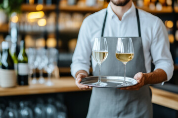 Waiter holding a tray with glasses of white wine in a modern restaurant setting
