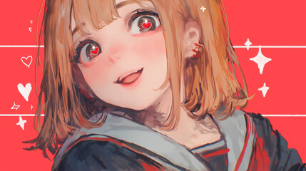 Anime  cheerful character with short blond hair and a school uniform smiles against a colorful background filled with hearts and flowers