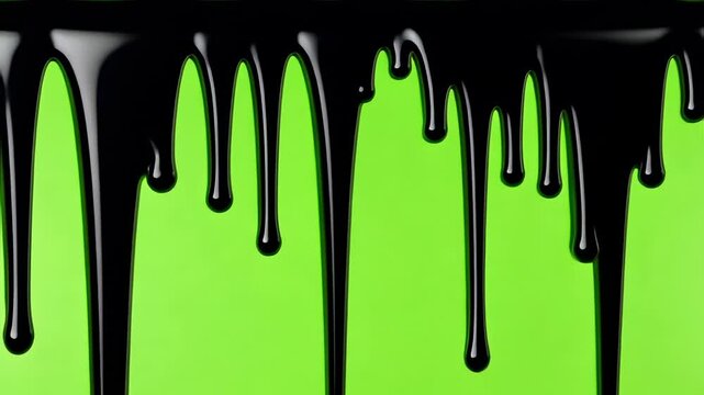Black glossy paint dripping over vivid green chroma key background, creating striking abstract composition. ideal for modern design, Halloween promotions, ad, sale.