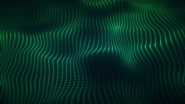 Green abstract particle waves, looped background in 4k, innovation and science