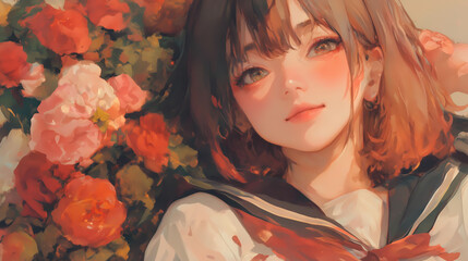 Anime  cheerful character with short blond hair and a school uniform smiles against a colorful background filled with hearts and flowers